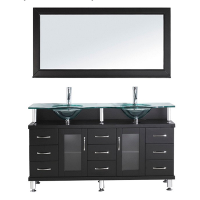 60" double sink floating bathroom cabinet with glass wash basin