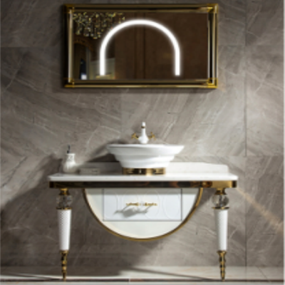 Retro single basin stainless steel bathroom cabinet with gold-rimmed wooden frame mirror