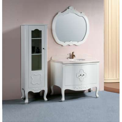 white solid wood classic bathroom cabinet with black marble countertop