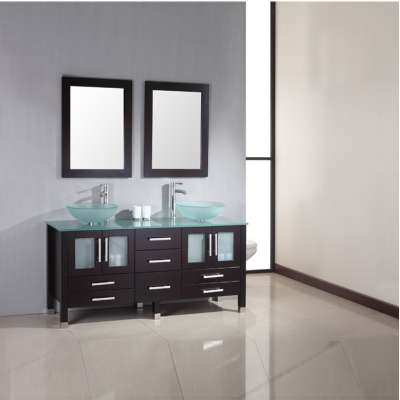 double sink solid wood mirror bathroom vanity cabinet with glass countertop and wash basin