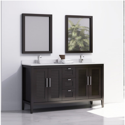 Dark bathroom vanity with double sink